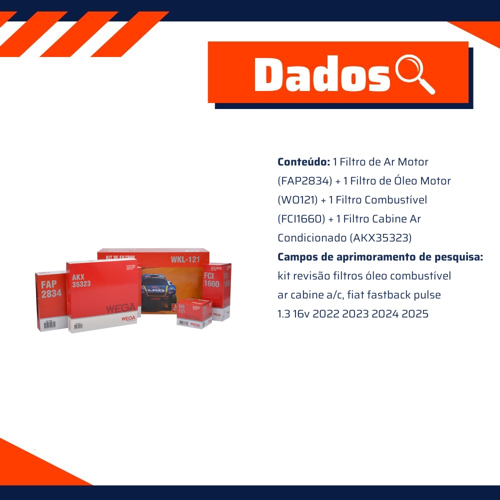 Kit Filtros de Ar Combustível Óleo e Cabine para Fiat Fastback e Pulse - Wega - WKL-121