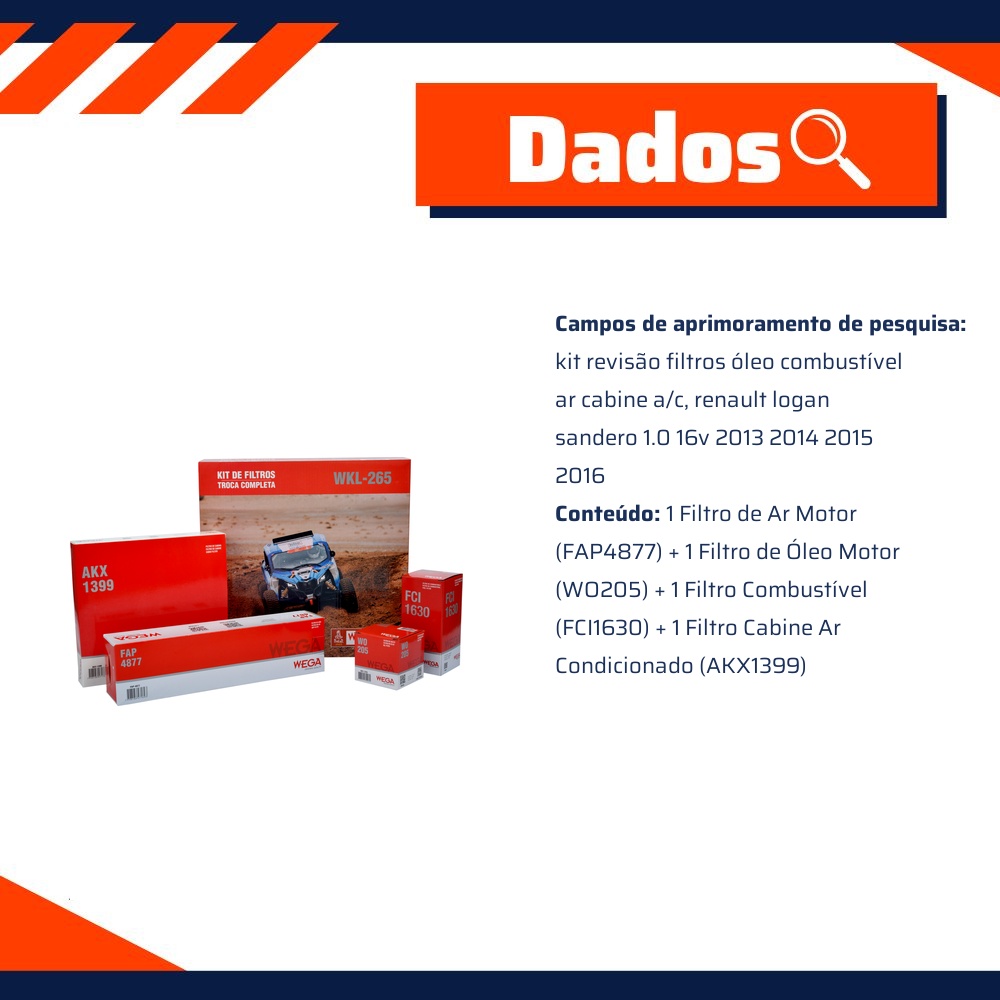 Kit Filtros de Ar Combustível Óleo e Cabine para Renault Logan e Sandero - Wega - WKL-265