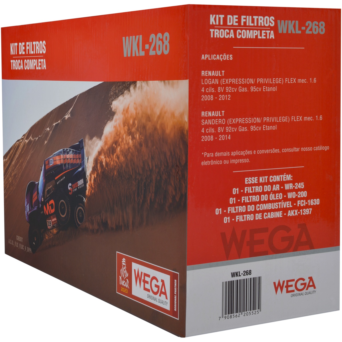 Kit Filtros de Ar Combustível Óleo e Cabine para Renault Logan e Sandero - Wega - WKL-268