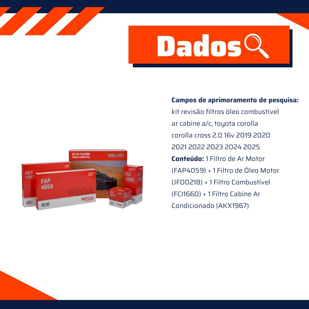 Kit Filtros de Ar Combustível Óleo e Cabine para Toyota Corolla e Corolla Cross - Wega - WKL-283
