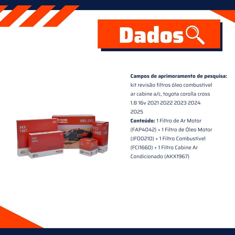Kit Filtros de Ar Combustível Óleo e Cabine para Toyota Corolla Cross - Wega - WKL-286