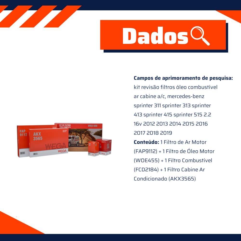 Kit Filtro Ar Óleo Comb Cab MB Sprinter 311 313 413 415 515 OM651 OM611 12/19 - Wega - WKU-600