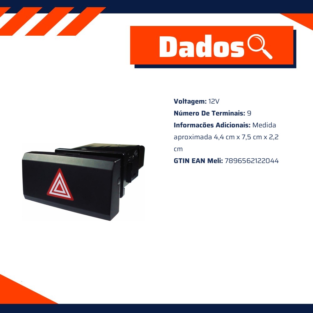 Interruptor de Pisca Alerta Emergência 12V para Hyundai HB20 - DNI - DNI 2204