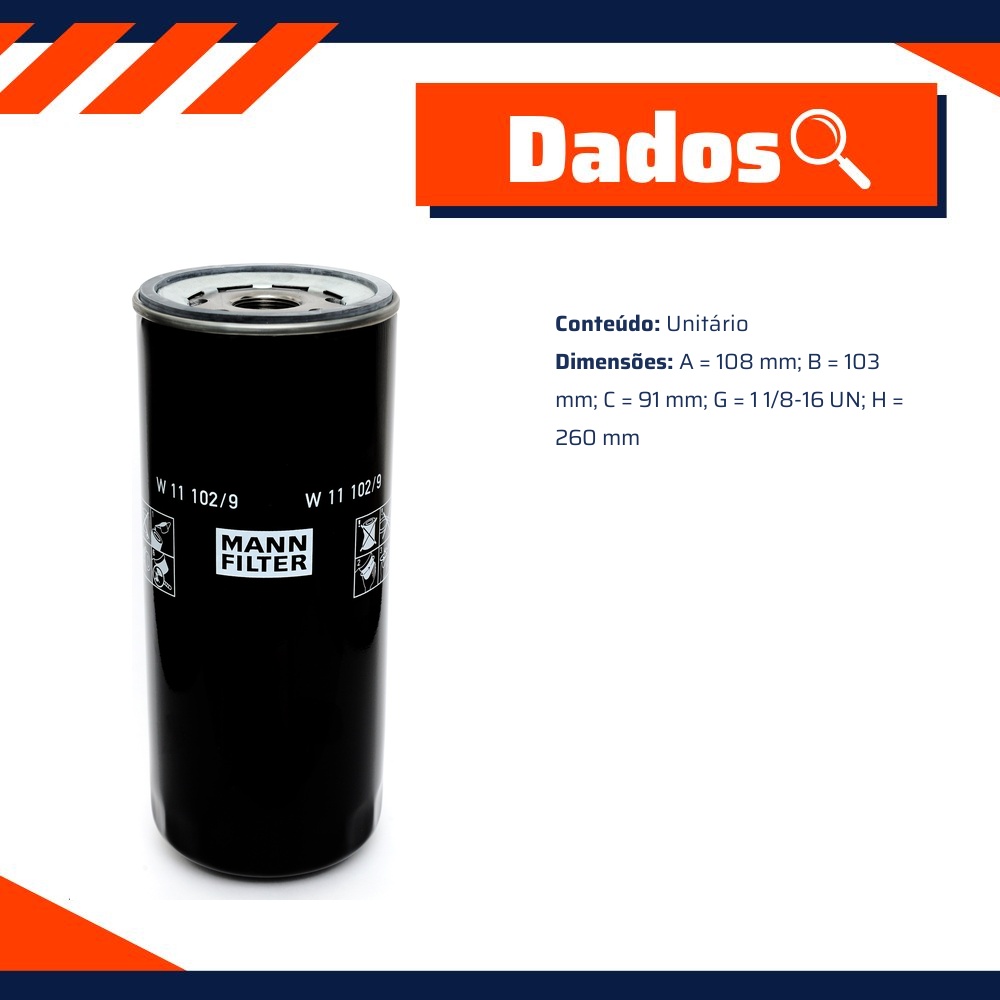 Filtro Blindado de Óleo Lubrificante para Ford Cargo 1415 - Mann-Filter - W11102/9