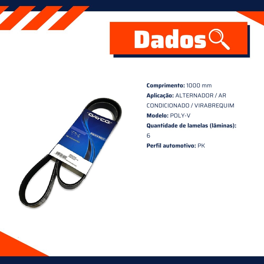 Correia de Acessórios Poly-V PK 6 Lâminas - DAYCO - 6PK1000