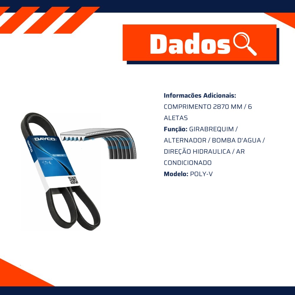 Correia de Acessórios Poly-V 6 Aletas para Chevrolet S10 - Dayco - 6PK2870