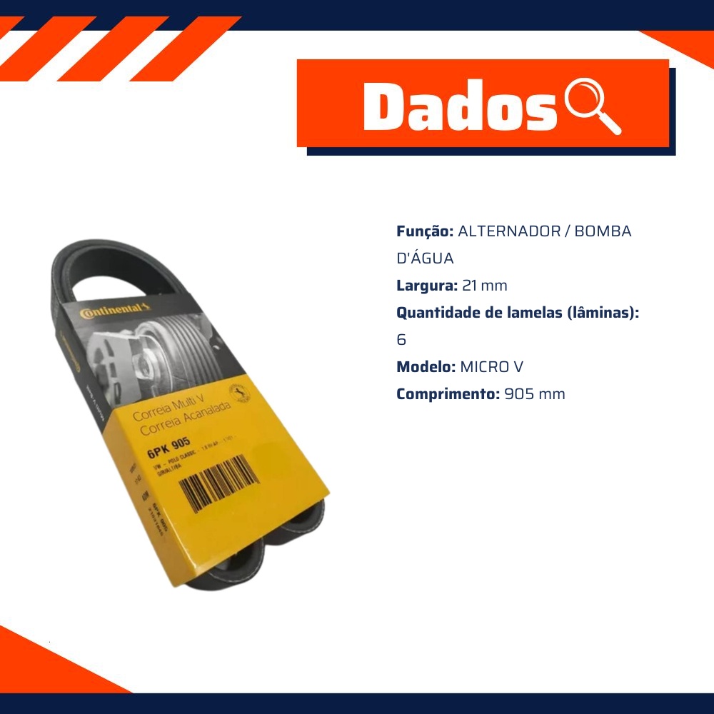 Correia de Acessórios Micro V 905 mm para Fiat Ducato e Volkswagen Polo Classic - Continental Contitech - 6PK905