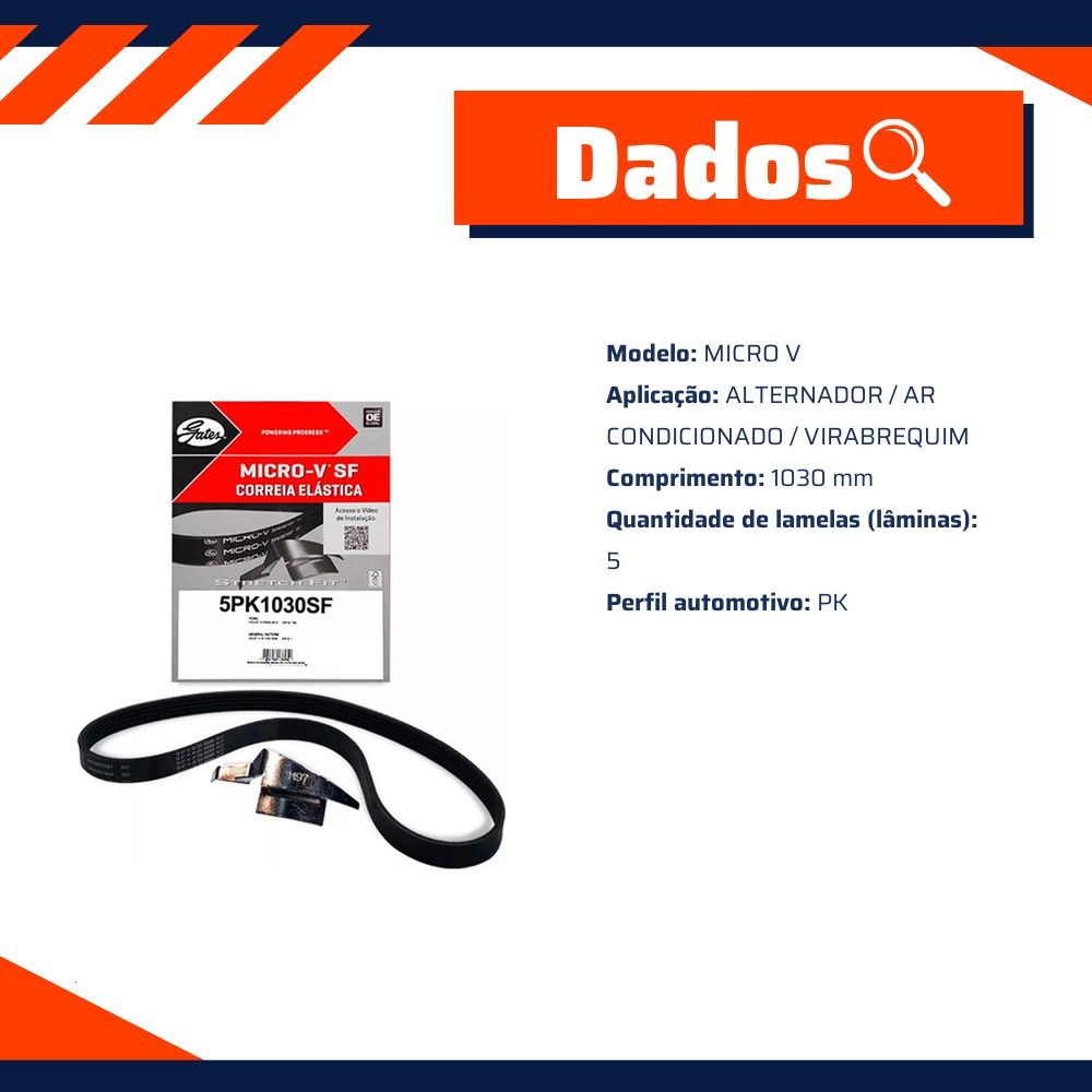 Correia de Acessórios PK 5 Lâminas Modelo Micro V para Chevrolet Onix e Prisma - Gates - 5PK1030SF
