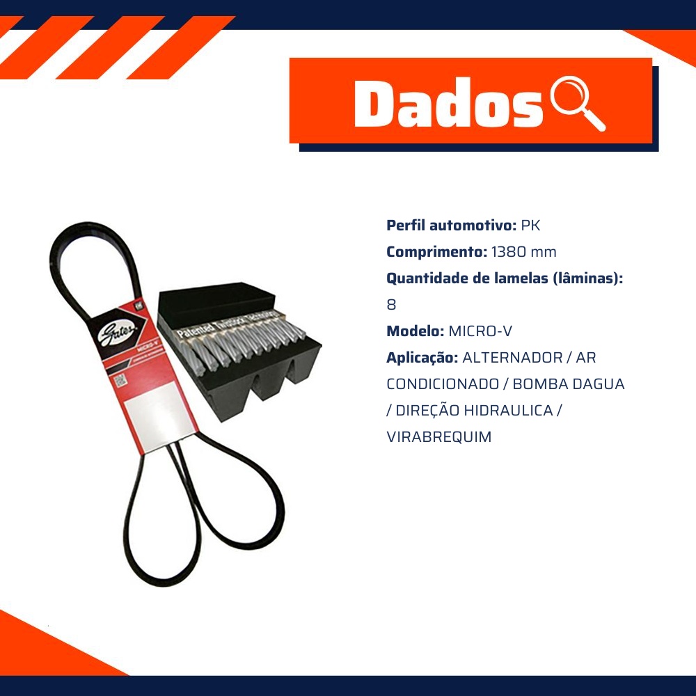 Correia de Acessórios Micro-V PK 1380mm 8 Lâminas para Volvo VM17 210 e VM23 240 - Gates - 8PK1380