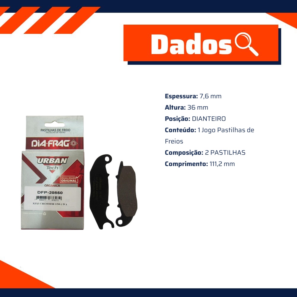 Pastilha de Freio Dianteira para Yamaha XTZ 150 CROSSER e XTZ 250 LANDER - Dia-Frag - DFP-20850