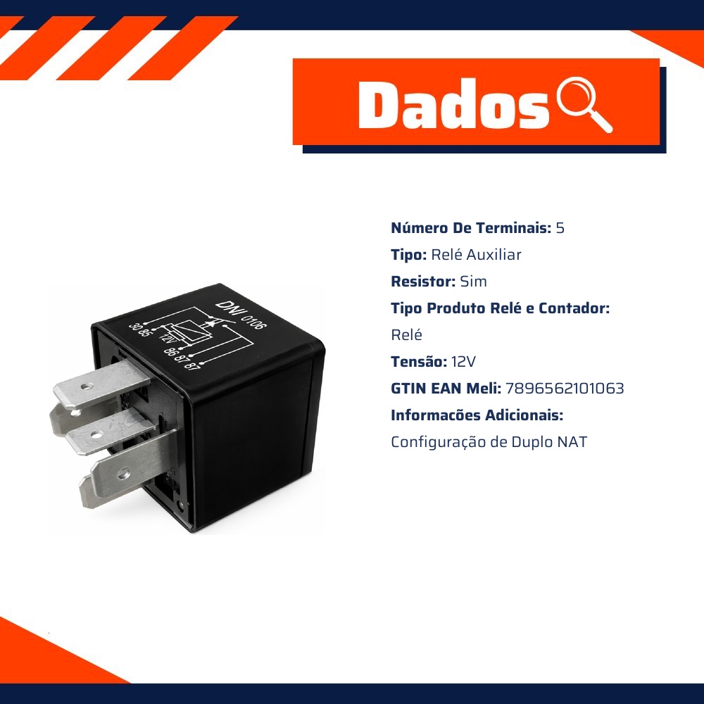 Relê 12V Auxiliar com 5 Terminais 25 Ah - DNI - 0106