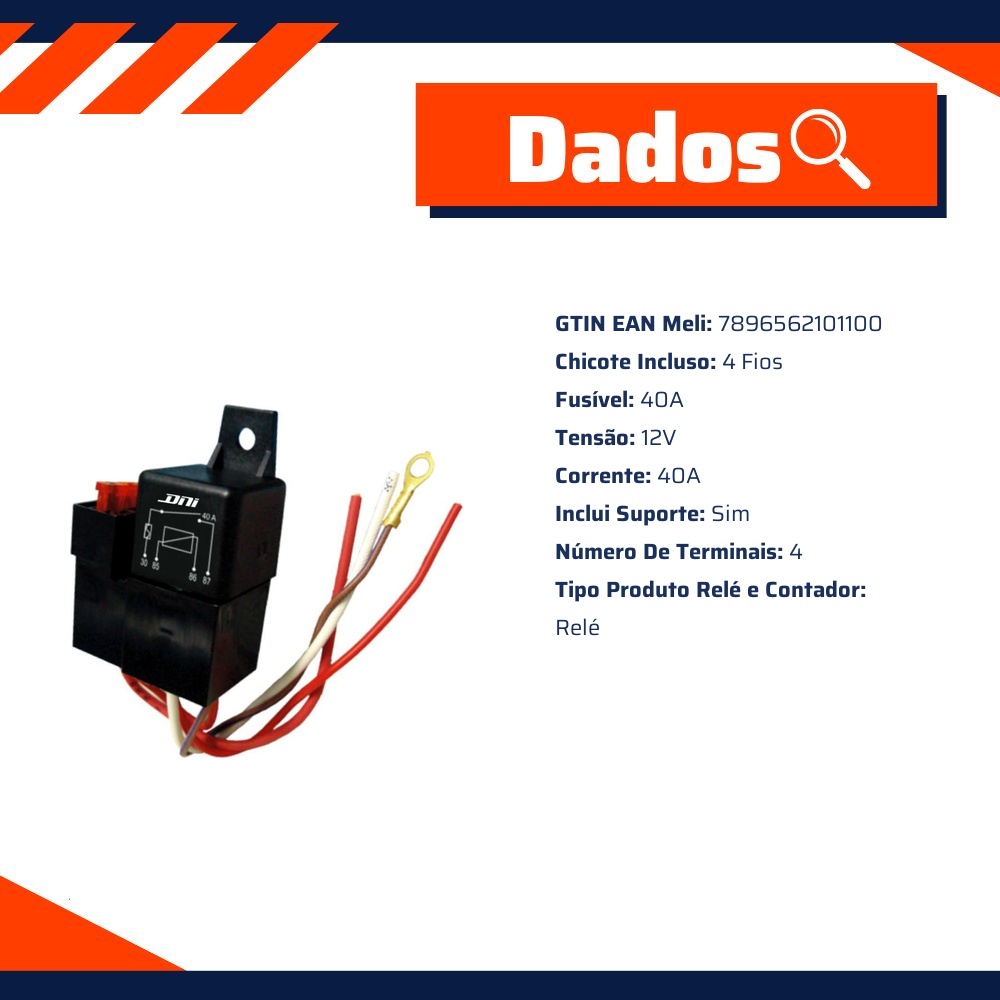 Rélê Auxiliar Plástico 12V 40 Ah - DNI - 0110