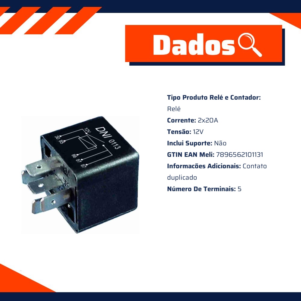 Relê 12V 5 Terminais 40 Ah - DNI - 0113