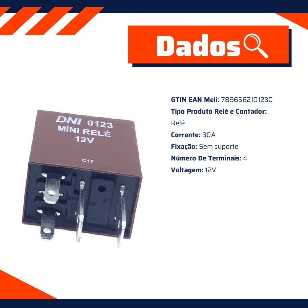 Relê auxiliar 12V - 4 terminais universal - DNI - 0123