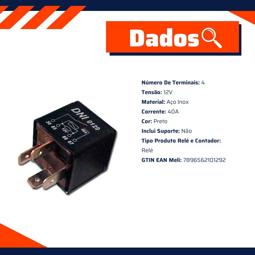 Relê 12V 40Ah 4 Terminais - DNI - 0129