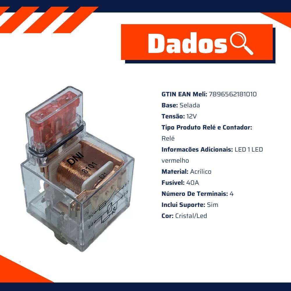Relê Auxiliar 12V 4 Terminais LED Vermelho - DNI - 8101