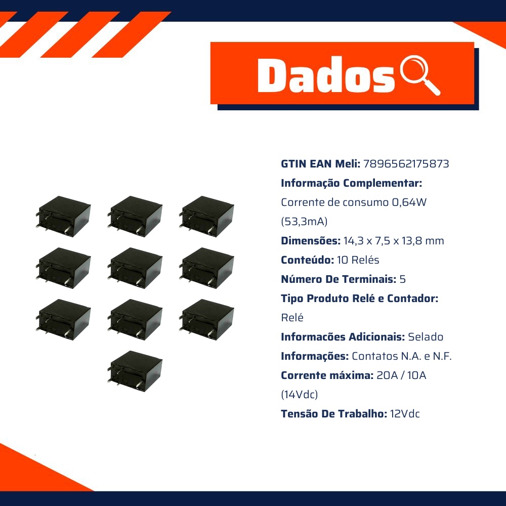 Kit 10 Relés 12V PCIe Plástico - DNI - 7587