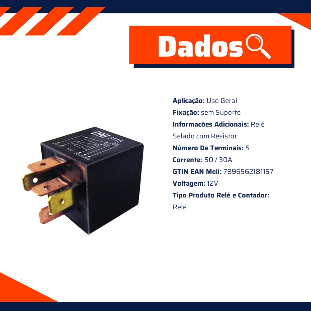 Relé Auxiliar 12V 5 Pinos 50A 30A Reversor Universal - DNI - 8115