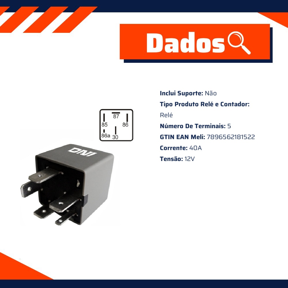 Relê 12V 5 Terminais Cor Preto - DNI - 8152