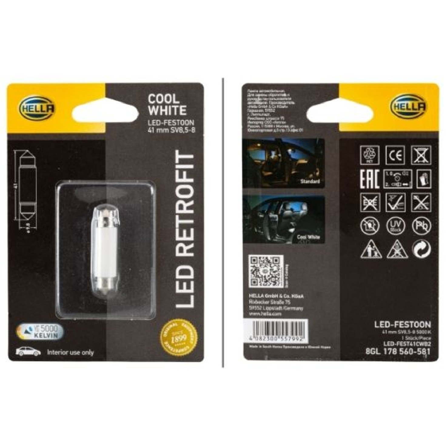 Lâmpada C10W 41mm 12V 1W LED 5000K SV8.5-8 - Hella - 6411LED5K