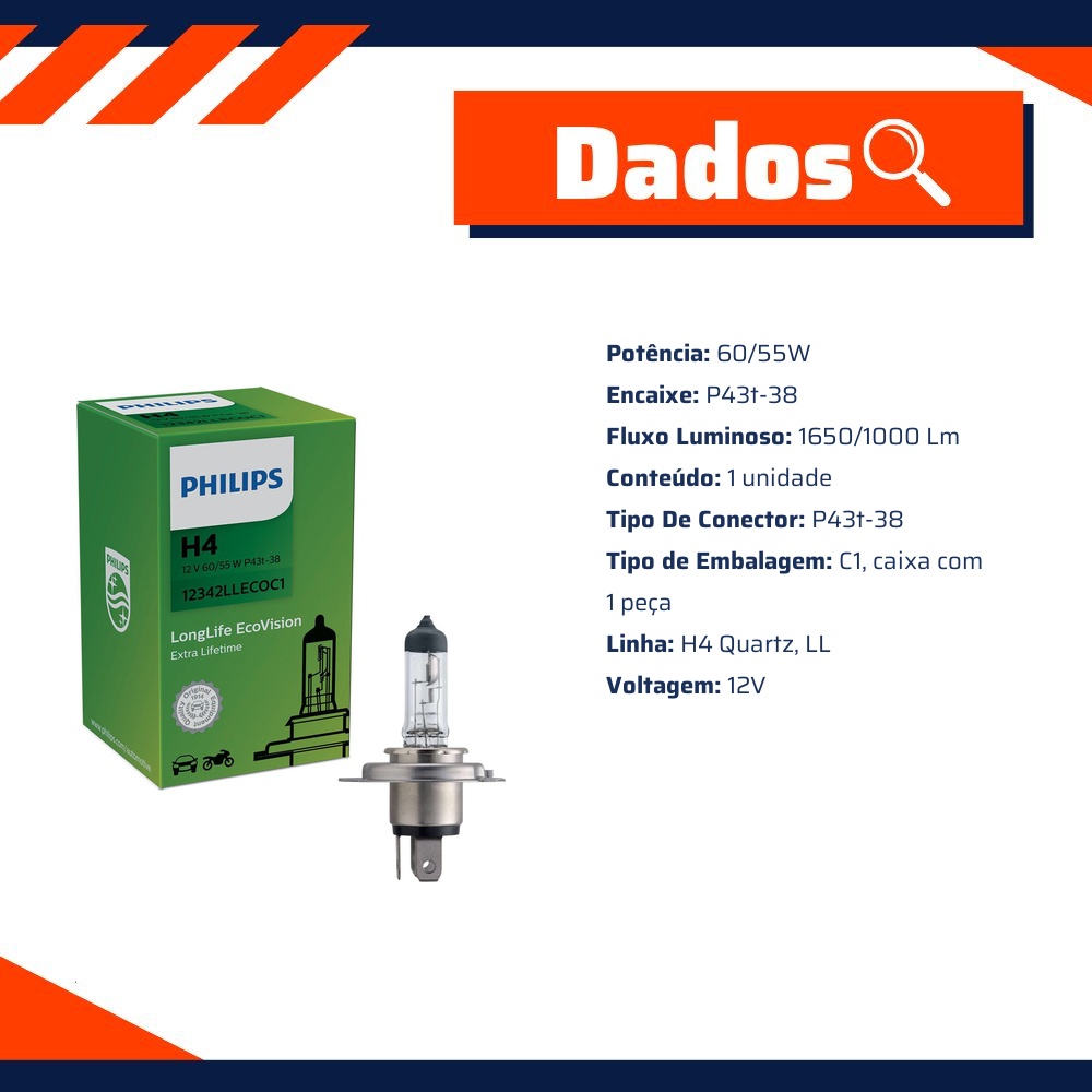 Lâmpada Farol Baixo H4 60/55W - Philips - 12342LLECOC1