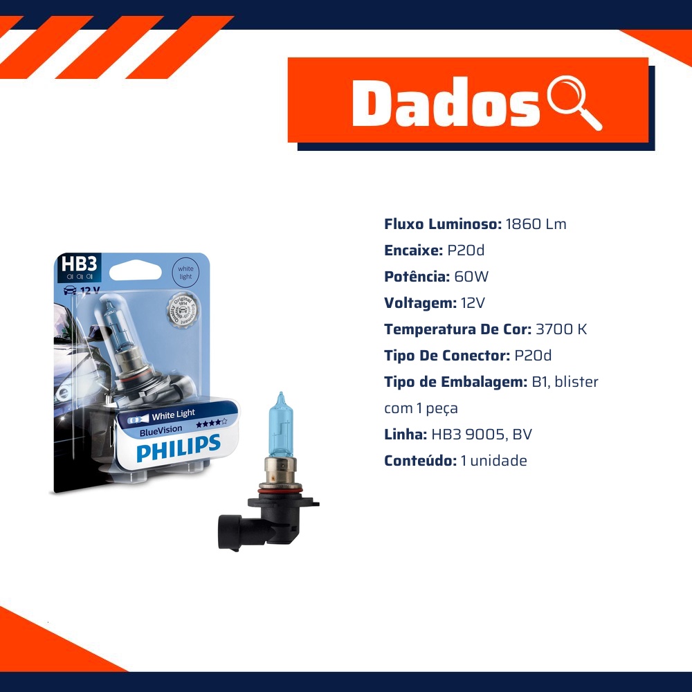 Lâmpada do Farol Baixo HB3 60W 12V P20D - Philips - 9005BVB1