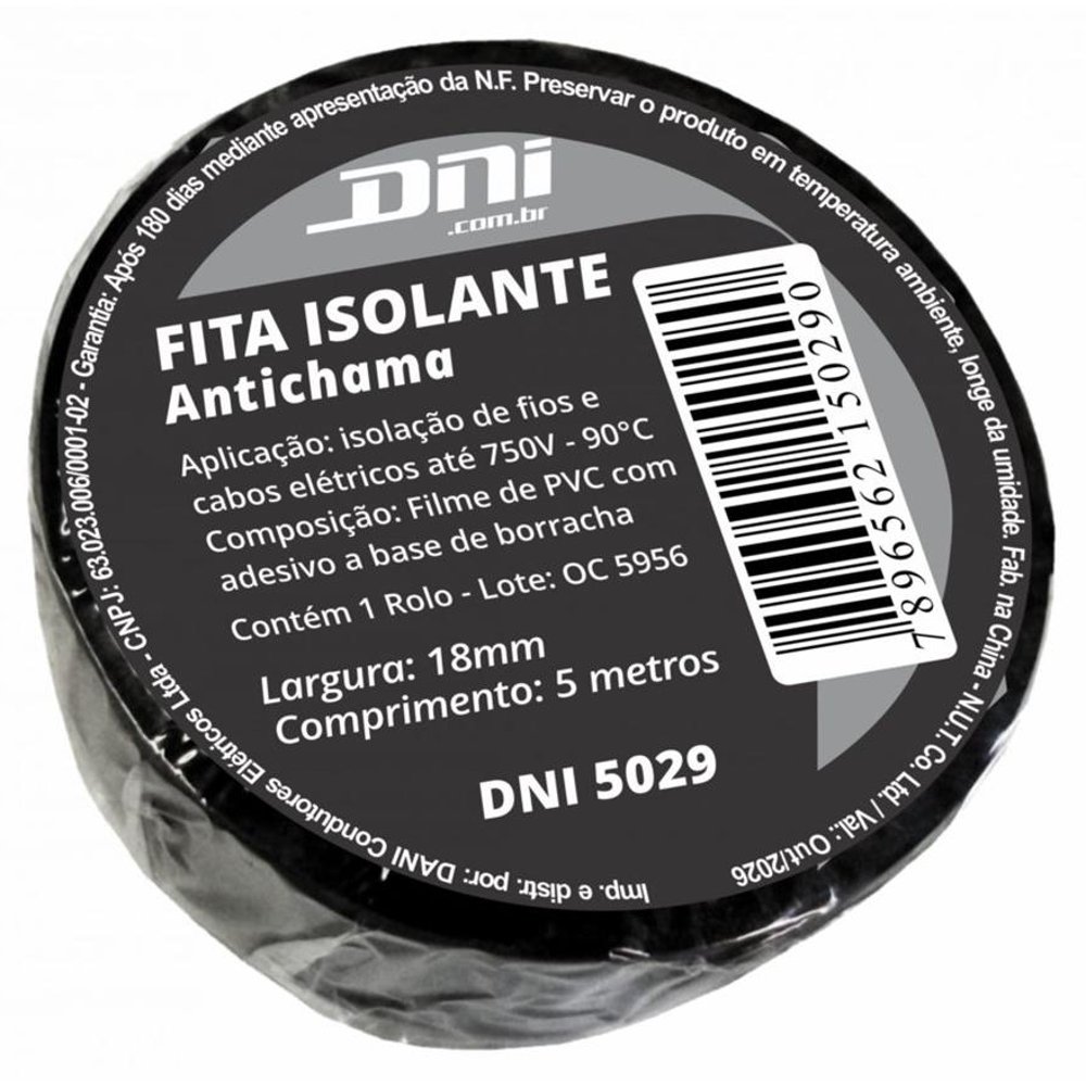 Fita Isolante em PVC Preta Rolo 5 Metros - DNI - 5029