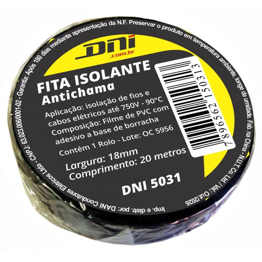 Fita Isolante em PVC Preta Rolo 20 Metros - DNI - 5031