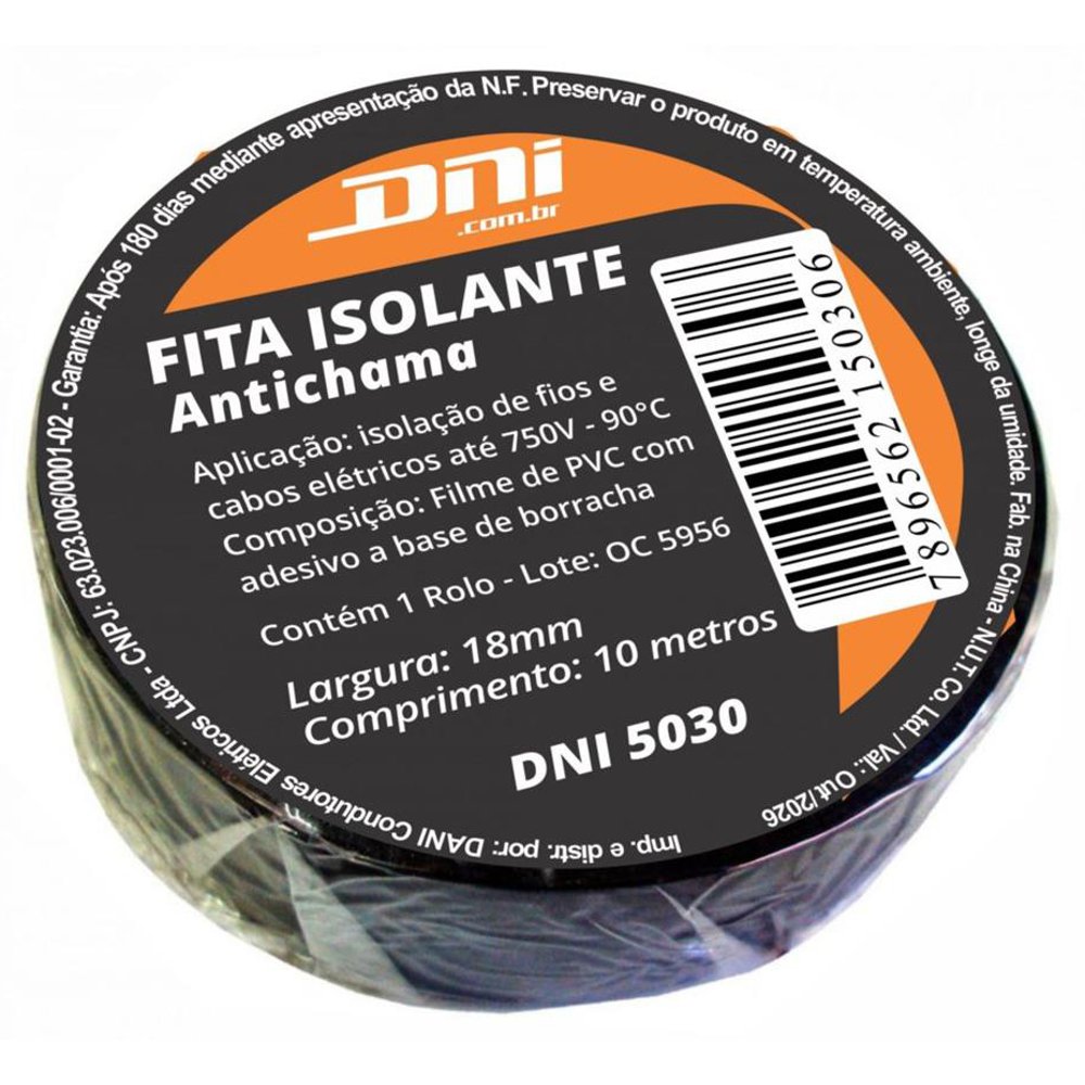Fita Isolante em PVC Preta Rolo 10 Metros - DNI - 5030