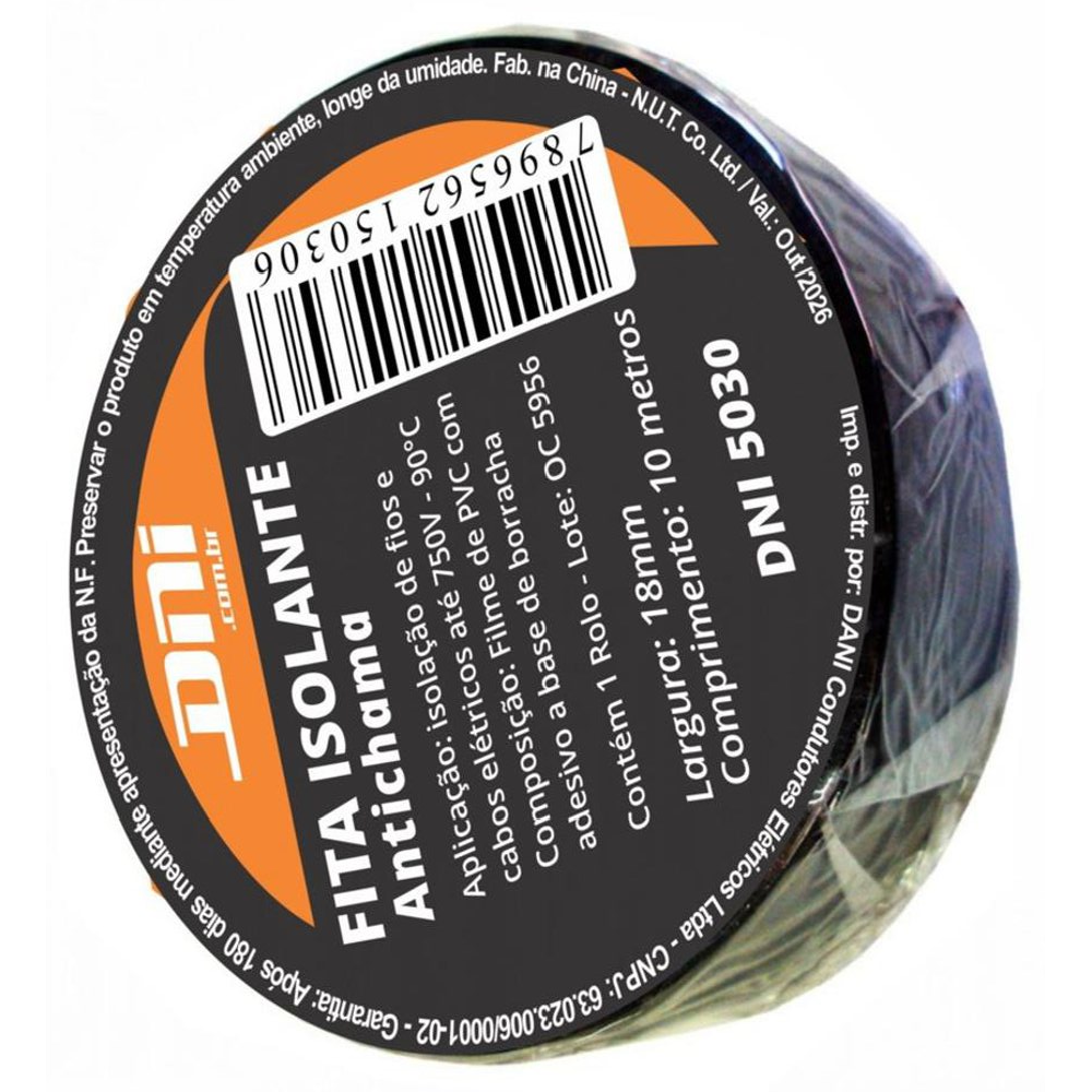 Fita Isolante em PVC Preta Rolo 10 Metros - DNI - 5030