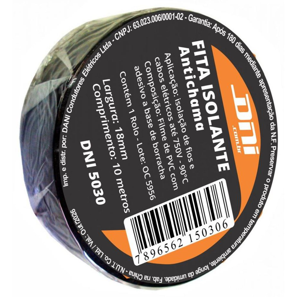 Fita Isolante em PVC Preta Rolo 10 Metros - DNI - 5030