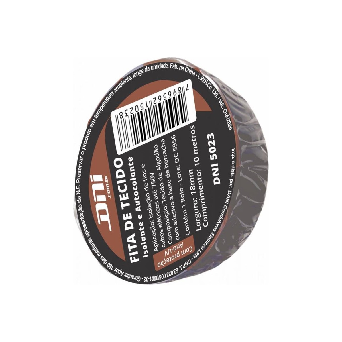 Fita de Tecido Autocolante Preta Rolo 10 Metros - DNI - 5023