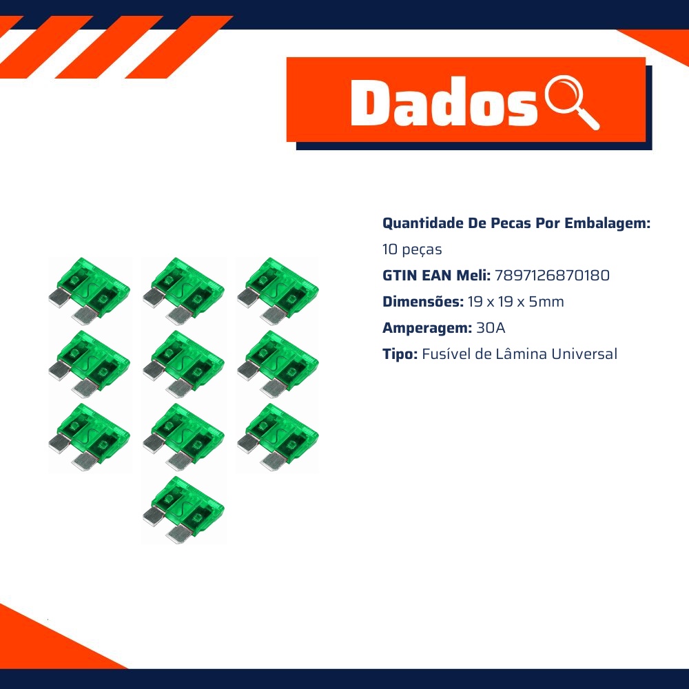 Kit 10 Fusível Lâmina 30A Universal - DNI - 316030