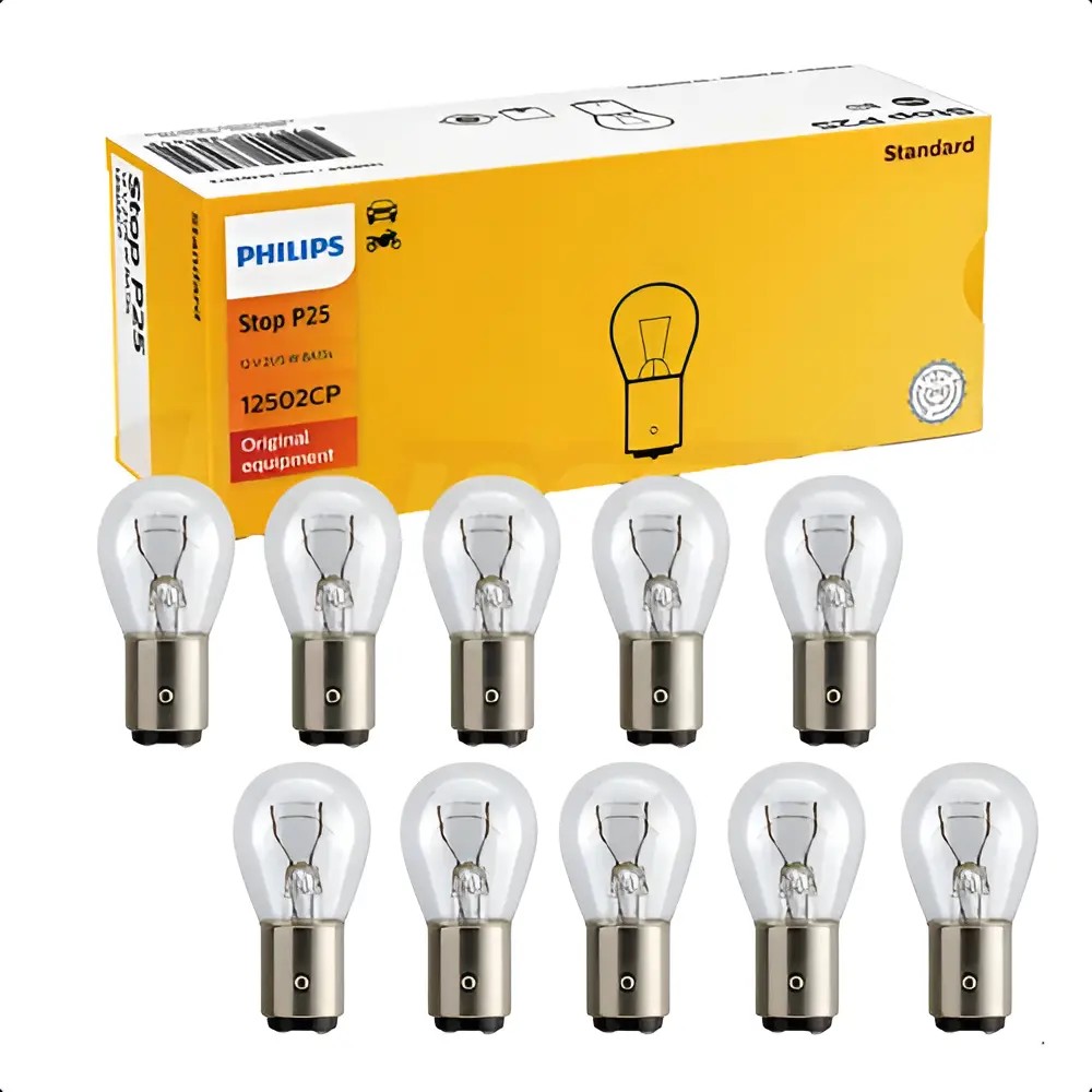 10 Lâmpadas Freio/Lanterna P25 12V 2 Polos Pinos Alinhados - Philips - 12502