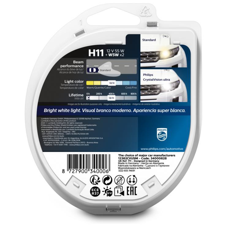 Par Lâmpada Crystal Vision Ultra H11 12V 55W PGJ19-2 - Philips - 12362CVUSM