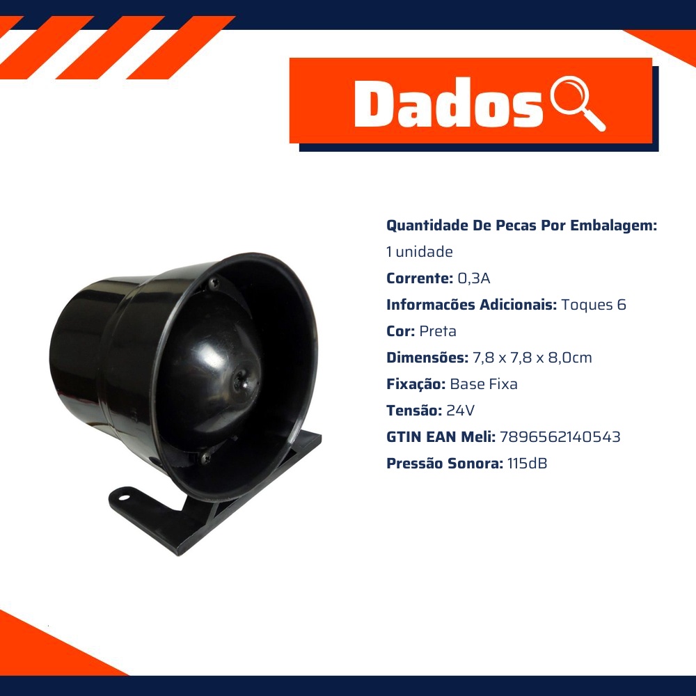Sirene Piezoelétrica com 6 Sons de 115dB e 24V - DNI - 4054