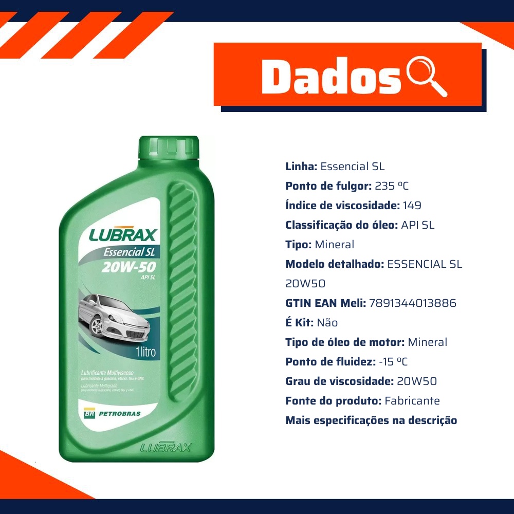 Óleo de Motor 20W50 ESSENCIAL API SL Mineral 1L - Lubrax