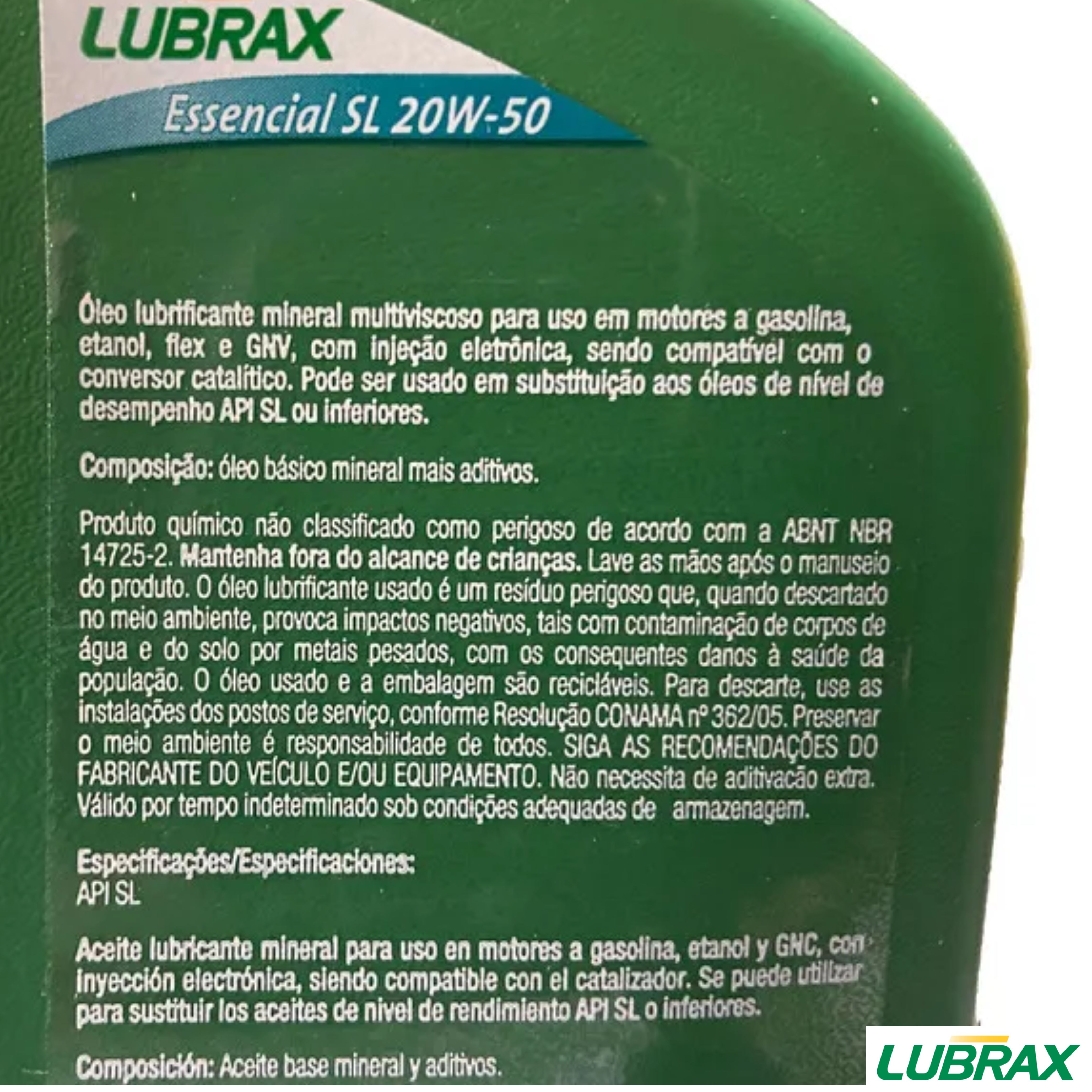 Óleo de Motor 20W50 ESSENCIAL API SL Mineral 1L - Lubrax