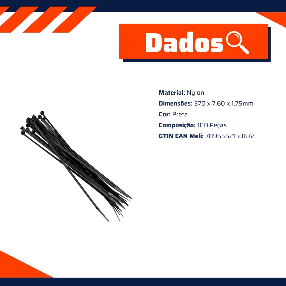 Abraçadeira Plástica Preta 370mm x 7,6mm 100 Unidades - DNI - 5067