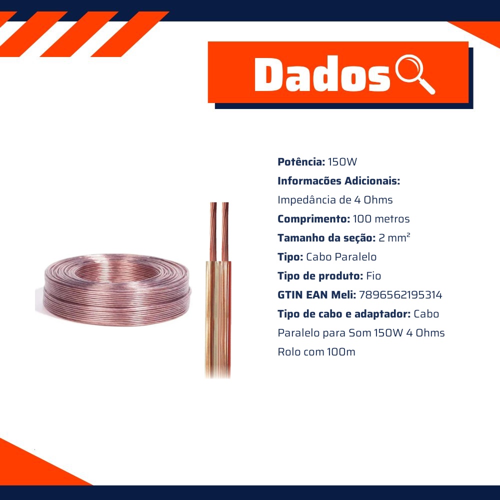 Cabo Paralelo para Som 150W 4 Ohms Rolo com 100m - DNI - HFX 2X18/150W