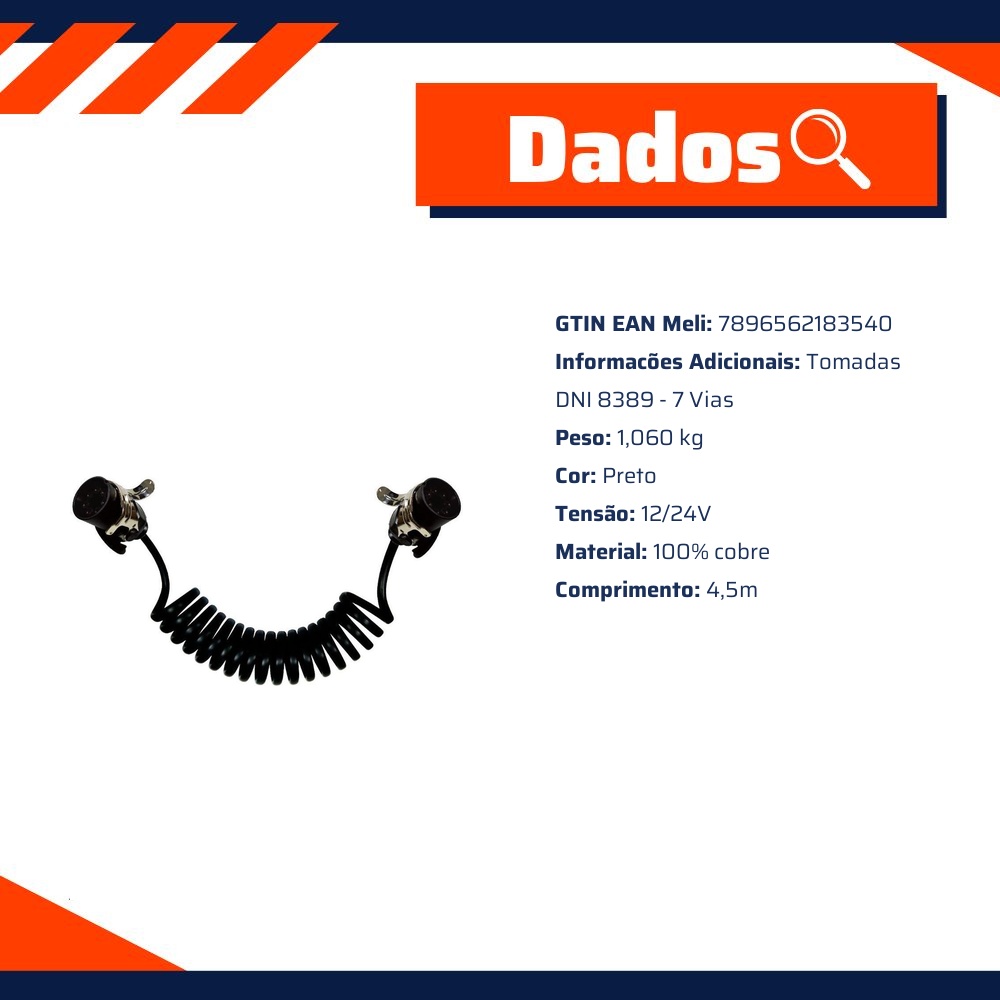 Chicote Elétrico 4,5m 2 Tomadas Macho 7 Polos ABS Rastreador - DNI - 8354