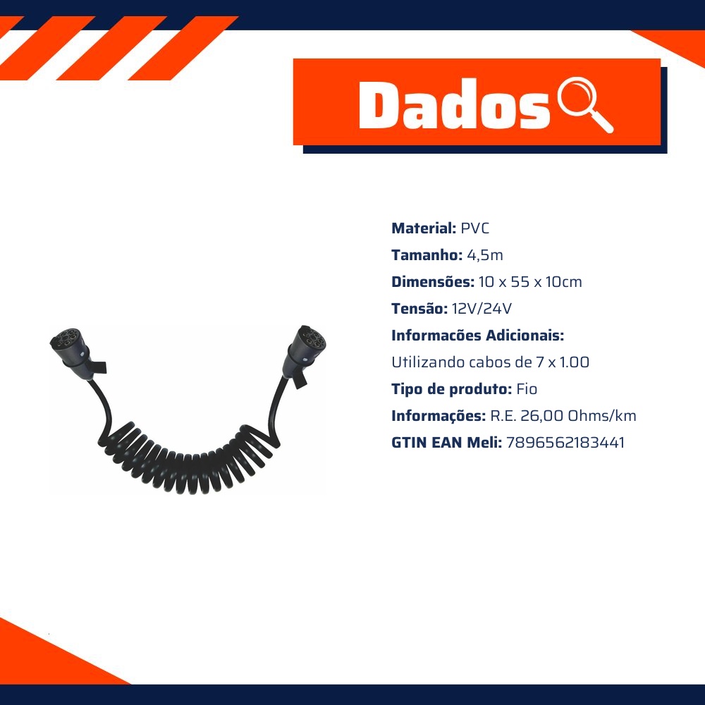 Chicote Elétrico Espiral de 4,5 Metros 7 Vias com 2 Conectores Macho - DNI - 8344