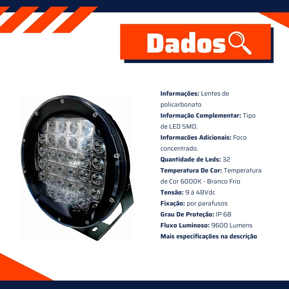 Farol Auxiliar de Trabalho Redondo com LEDs 96W - DNI - 4164