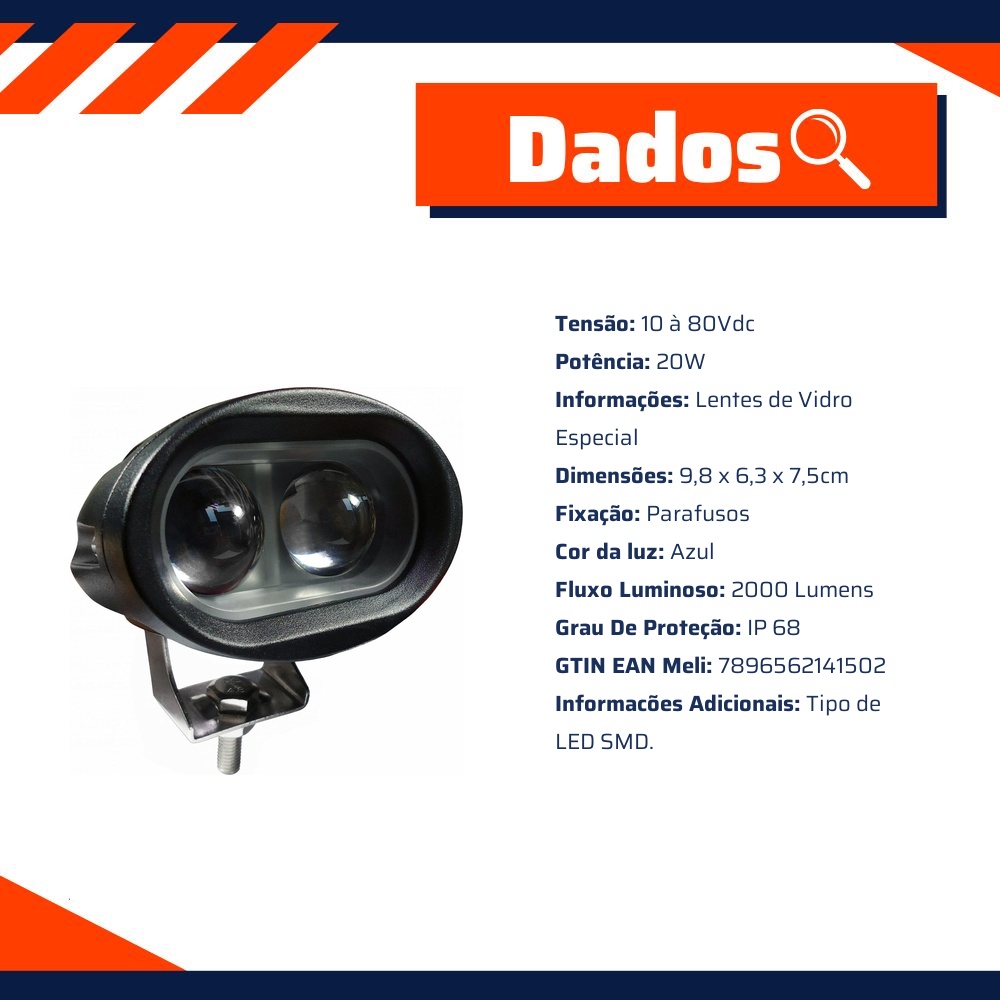 Farol Led Azul 20w 12v 24v Ip67 Anticolisão Para Empilhadeira - DNI - 4150