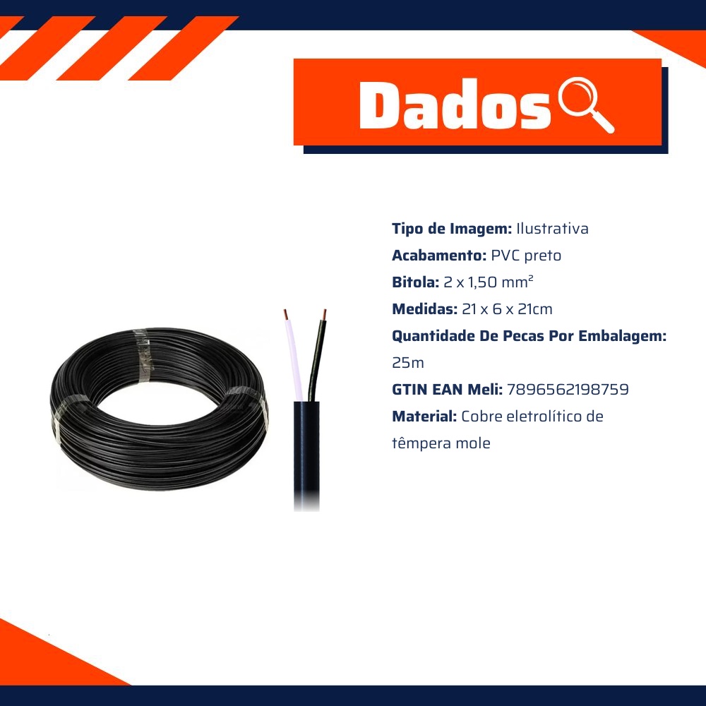 Cabo PP 2 Vias para instalação Automotiva Rolo com 25 Metros - DNI - HFX PP215