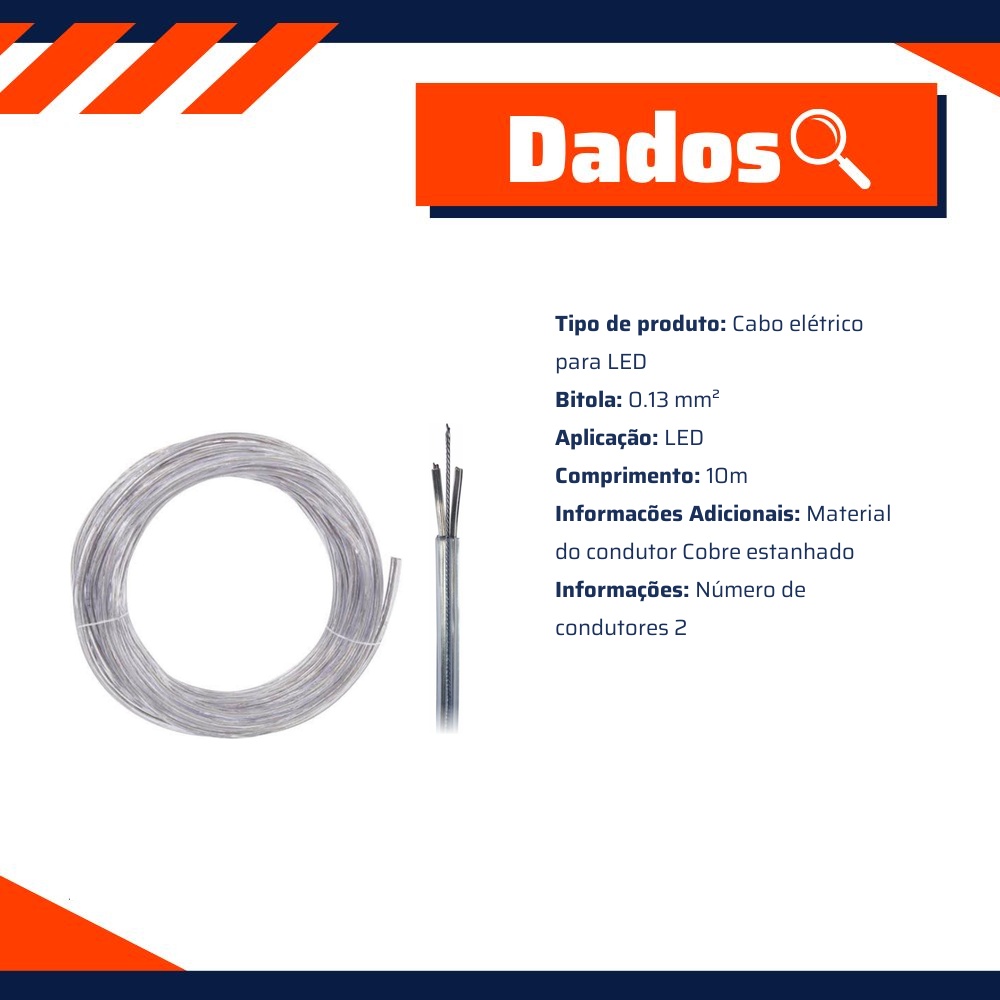 Cabo PP 2x0.13 Cristal Estanhado com Fio de Aço para LED Rolo com 10 Metros - DNI - PP213ACSNE10