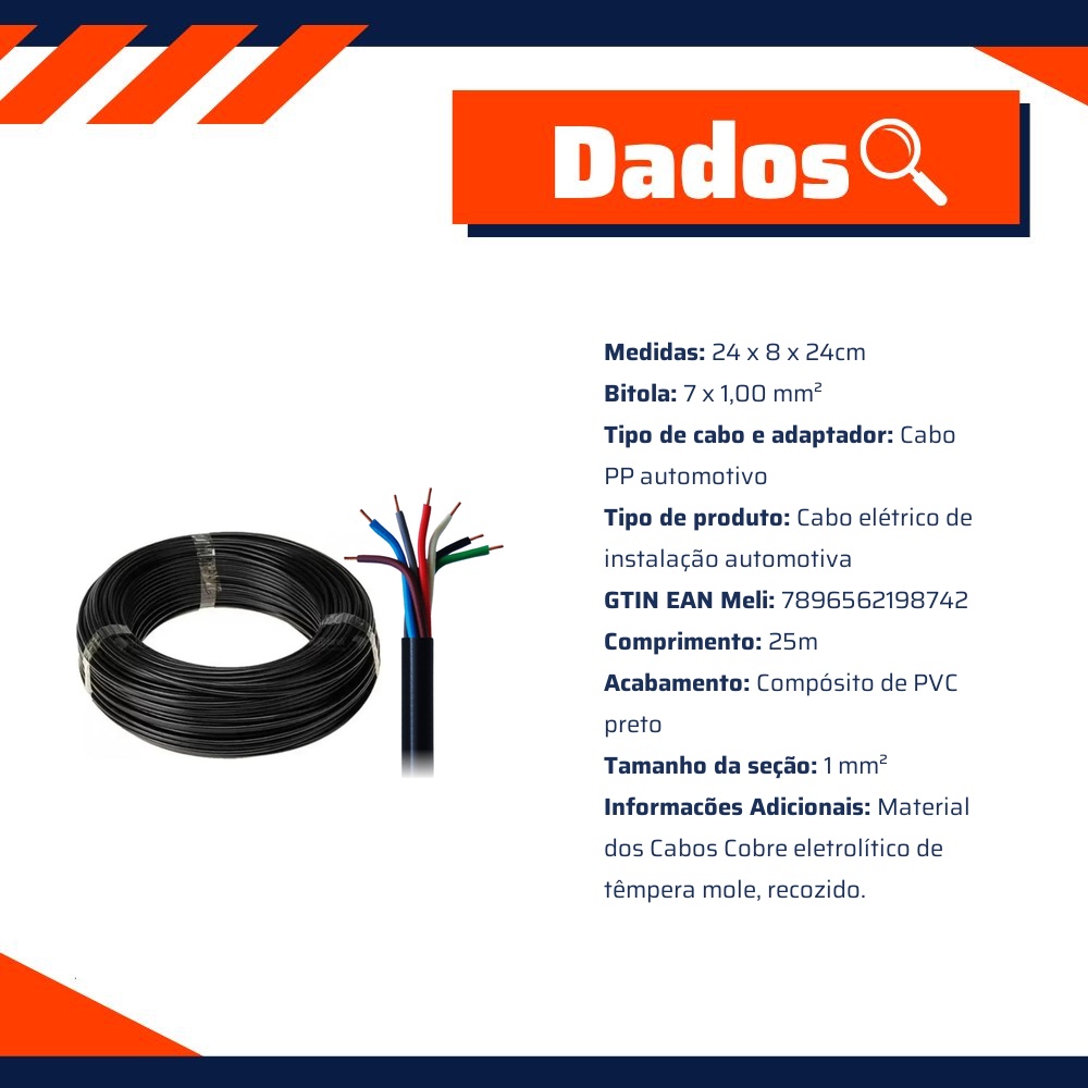 Cabo PP 7 Vias para Instalação Automotiva Rolo com 25m - DNI - HFX PP710
