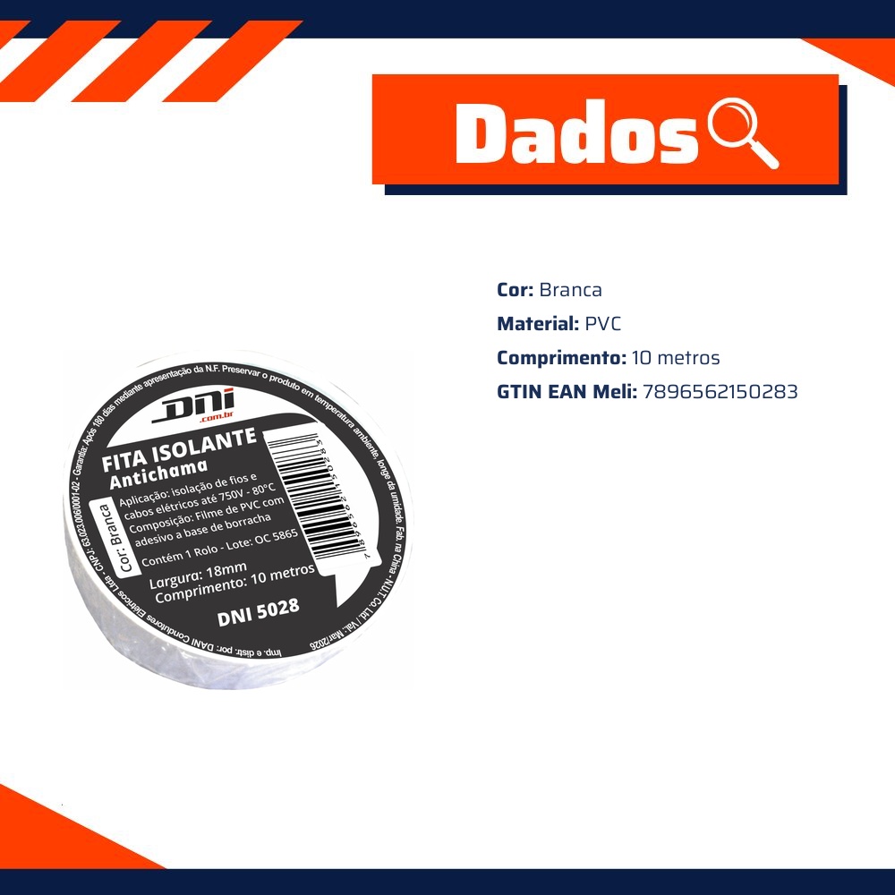 Fita Isolante em PVC Branca Rolo 10 Metros - DNI - 5028