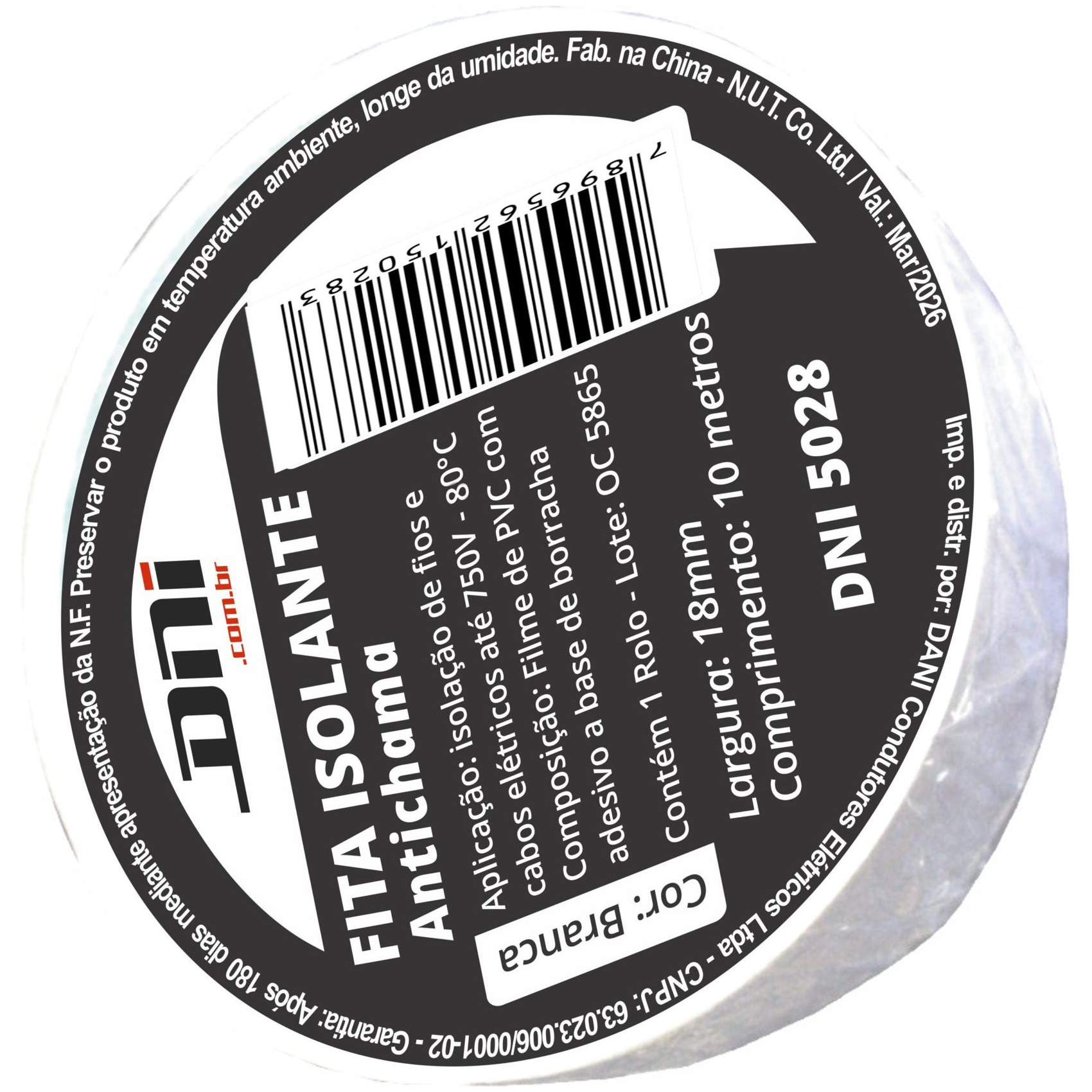 Fita Isolante em PVC Branca Rolo 10 Metros - DNI - 5028