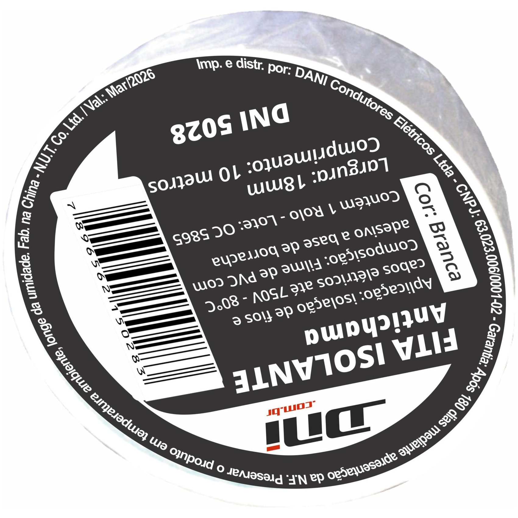 Fita Isolante em PVC Branca Rolo 10 Metros - DNI - 5028